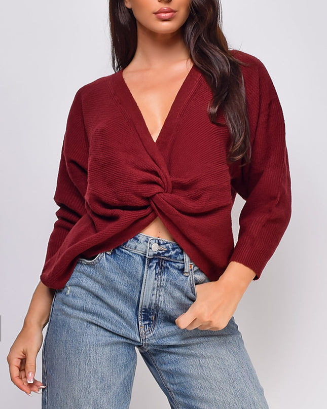 Burgundy Twist Detail Convertible Sweater