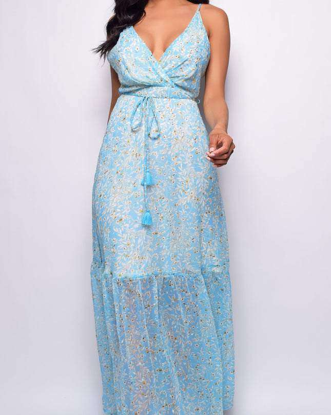 Blue Floral Print Maxi Dress