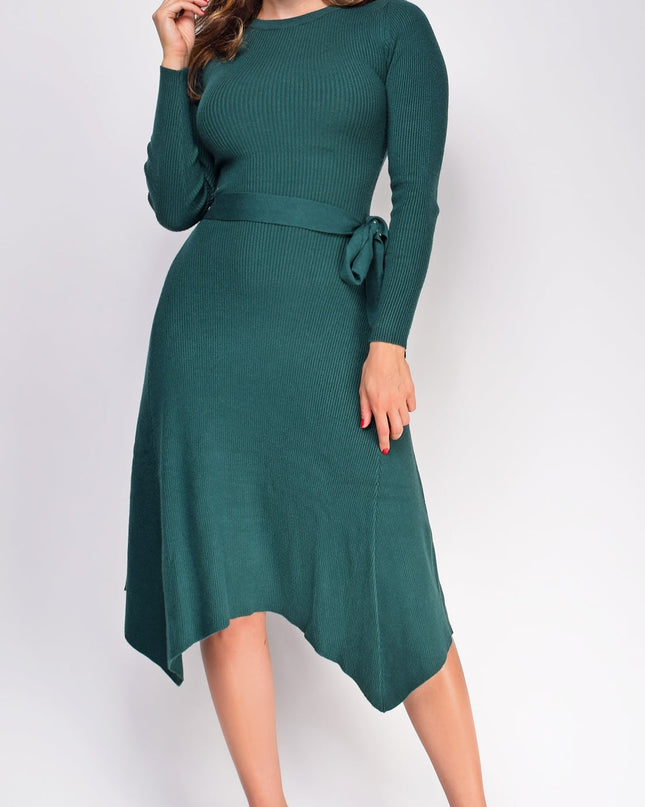 Green Ribbed Flare Sweater Midi Dress