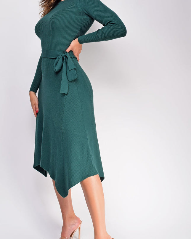 Green Ribbed Flare Sweater Midi Dress