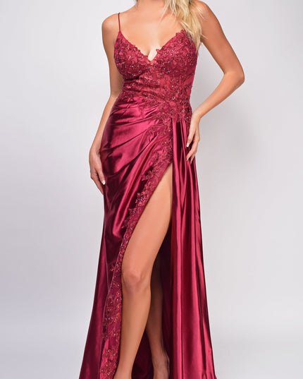 Burgundy Red Sequin Lace Detail Gown