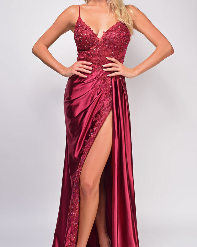 Burgundy Red Sequin Lace Detail Gown