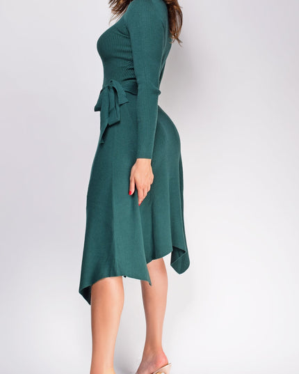 Green Ribbed Flare Sweater Midi Dress