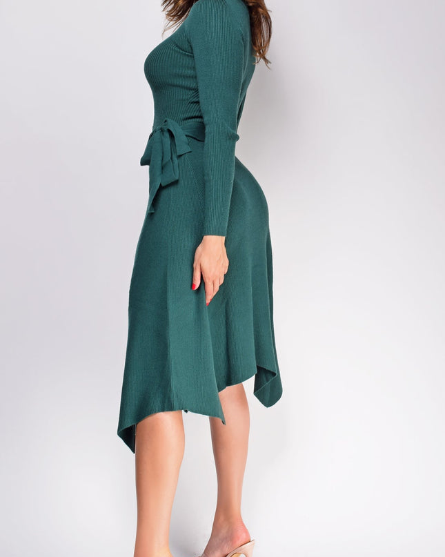 Green Ribbed Flare Sweater Midi Dress