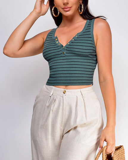 Green Stripe Button Front Henley Crop Top
