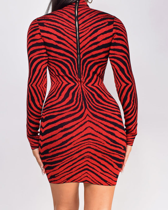 Red Black Animal Print High Neck Lurex Mini Dress