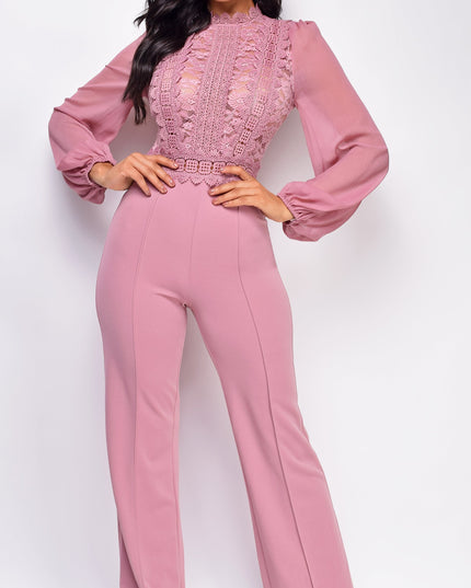 Pink Crochet Lace Mesh Jumpsuit