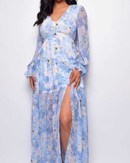 Blue Floral Print Maxi Dress