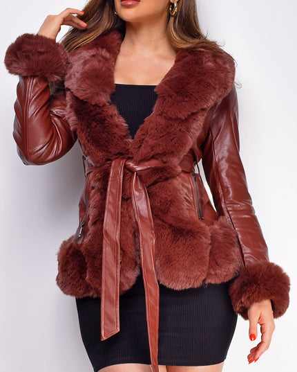 Brown PU Leather Belted Coat