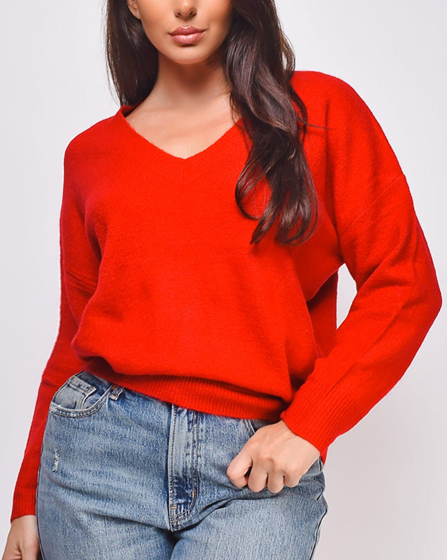 Red V Neck Drop Shoulder Sweater Top