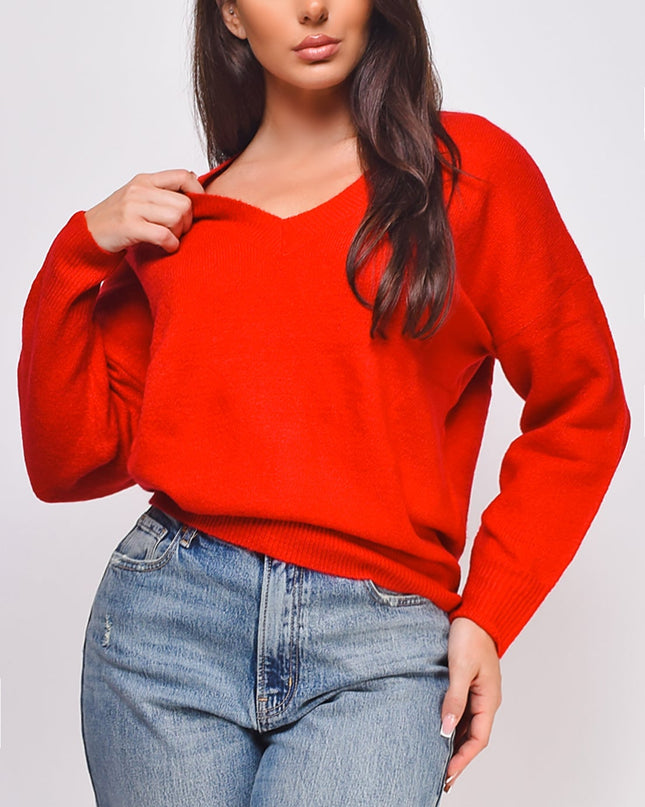 Red V Neck Drop Shoulder Sweater Top