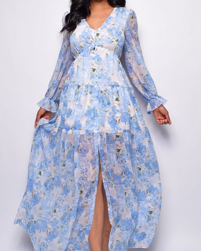 Blue Floral Print Maxi Dress