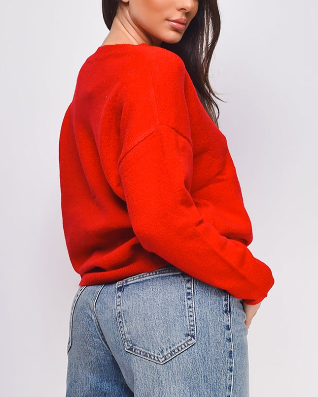 Red V Neck Drop Shoulder Sweater Top