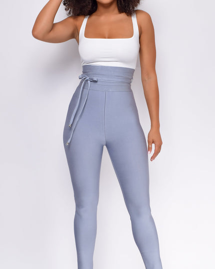 Blue Gray High Waist Belted Bandage Pants