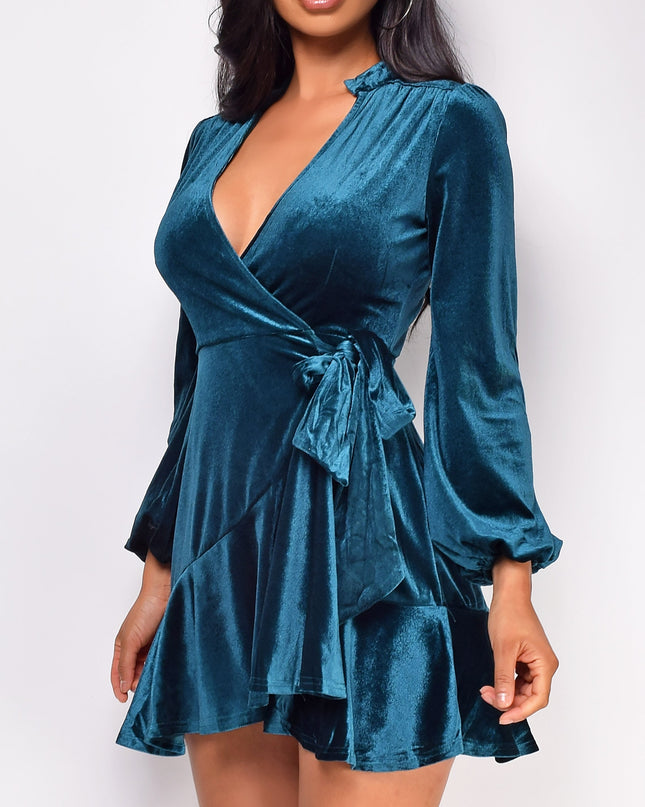 Teal Blue Green Ruffled Wrap Velvet Mini Dress