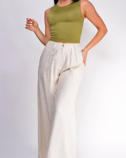 Beige High Waist Linen Pants