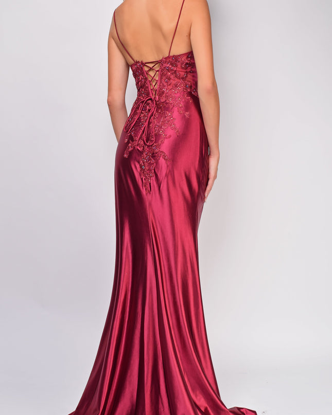 Burgundy Red Sequin Lace Detail Gown