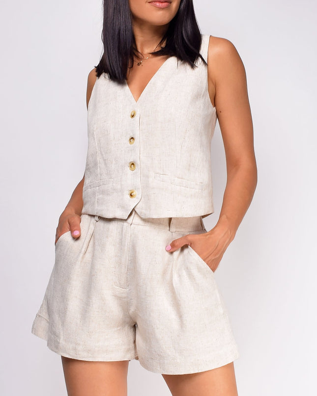 Beige Linen Vest Shorts Set