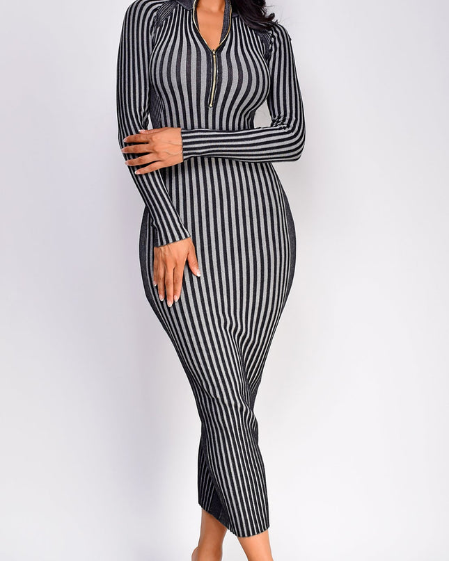 Gray Two Tone Front Zipper Maxi Dress
