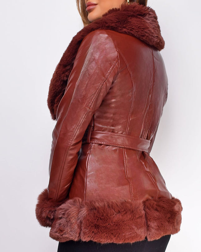 Brown PU Leather Belted Coat