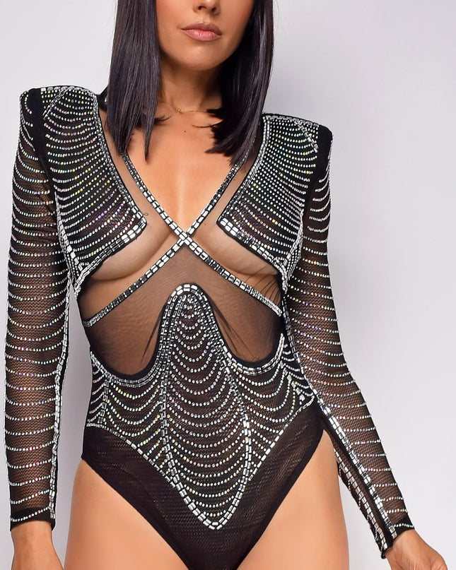 Black Rhinestone Mesh Long Sleeve Bodysuit
