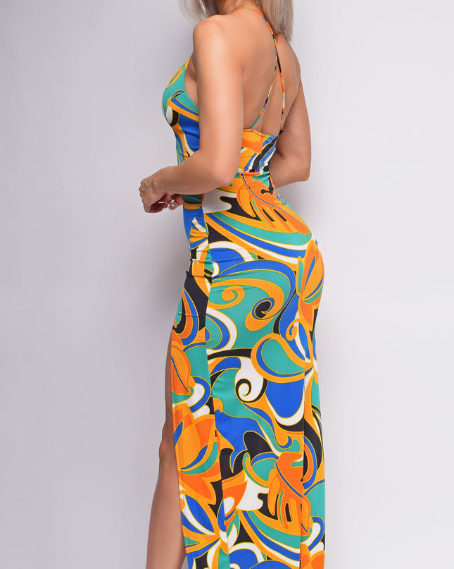 Green Multi Color Cross Back Maxi Dress