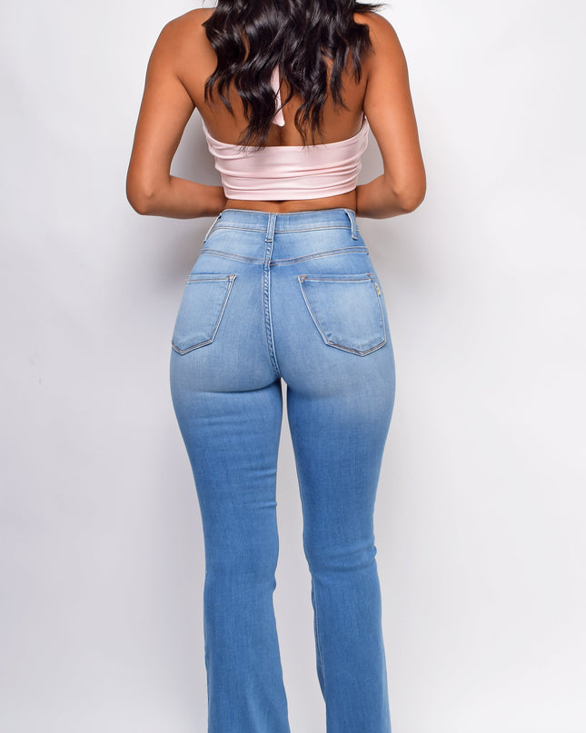 Jade Blue Distressed High Waist Flare Jeans