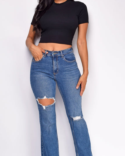 Blue Dark Wash Distressed Flared Denim Jeans