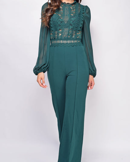 Hunter Green Crochet Lace Mesh Jumpsuit