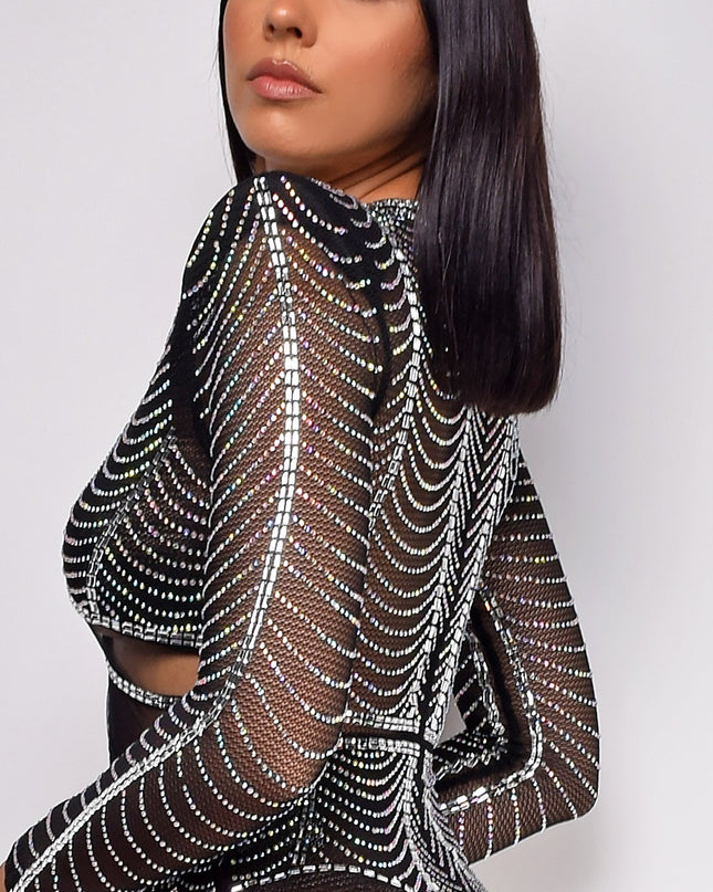 Black Rhinestone Mesh Long Sleeve Bodysuit
