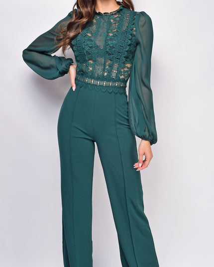 Hunter Green Crochet Lace Mesh Jumpsuit