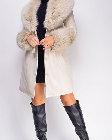 Cream Beige PU Leather Faux Fur Coat