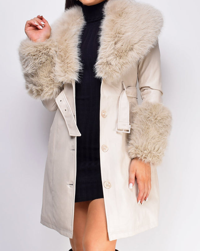 Cream Beige PU Leather Faux Fur Coat