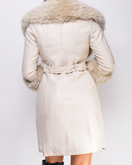 Cream Beige PU Leather Faux Fur Coat