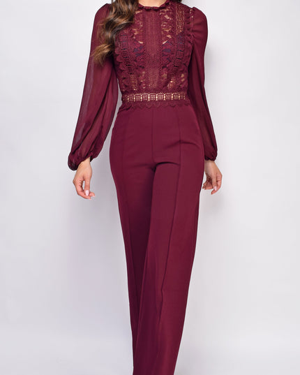 Burgundy Red Crochet Lace Mesh Jumpsuit