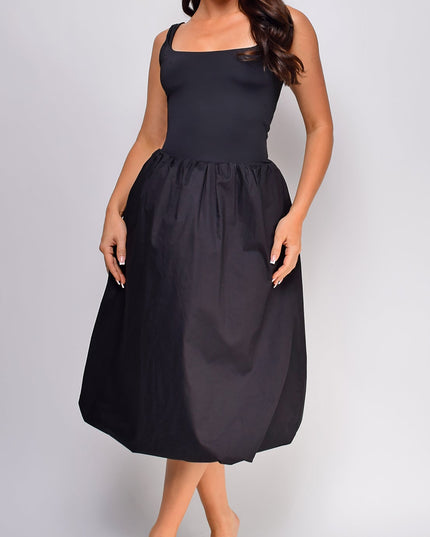 Black Mixed Media Balloon Midi Dress