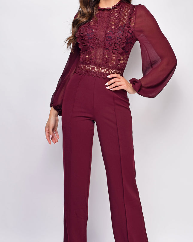 Burgundy Red Crochet Lace Mesh Jumpsuit