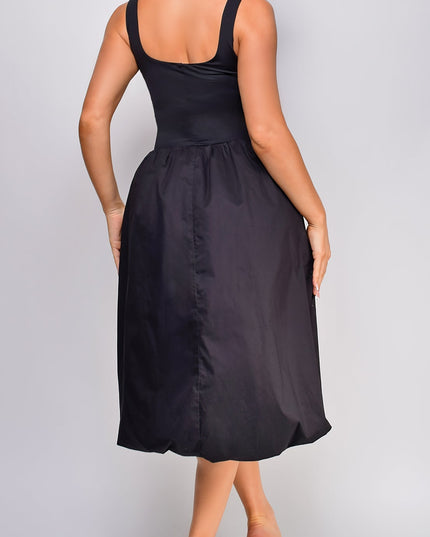 Black Mixed Media Balloon Midi Dress