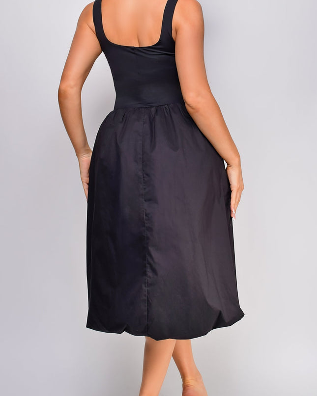 Black Mixed Media Balloon Midi Dress