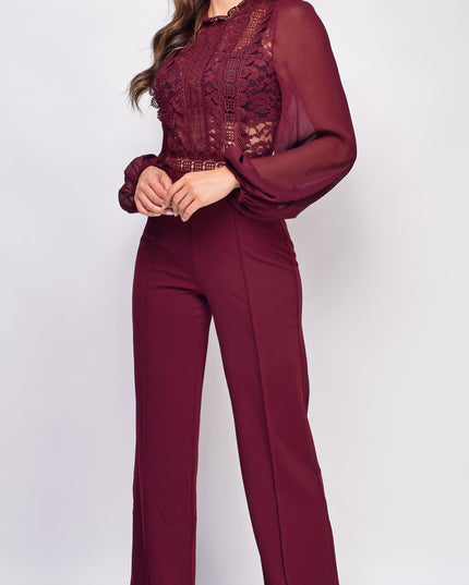 Burgundy Red Crochet Lace Mesh Jumpsuit