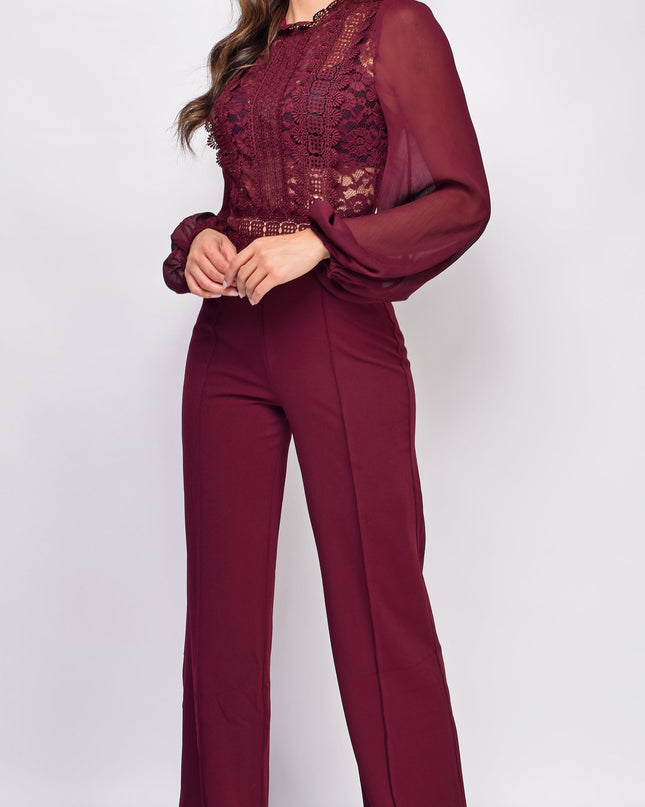 Burgundy Red Crochet Lace Mesh Jumpsuit