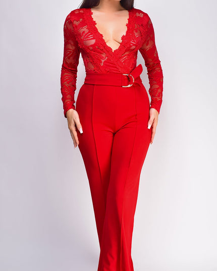 Red Long Sleeve Lace Crochet Jumpsuit