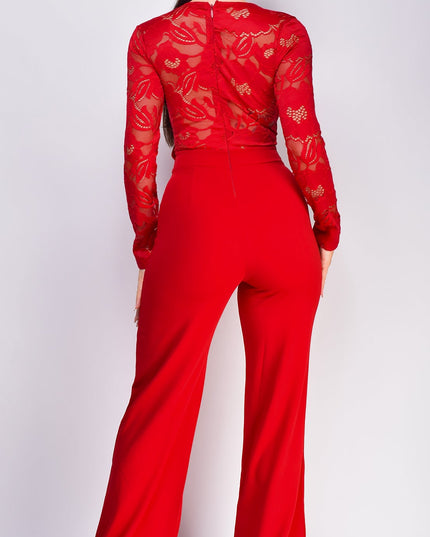 Red Long Sleeve Lace Crochet Jumpsuit