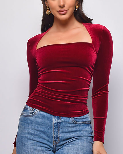 Burgundy Velvet Square Neck Long Sleeve Top