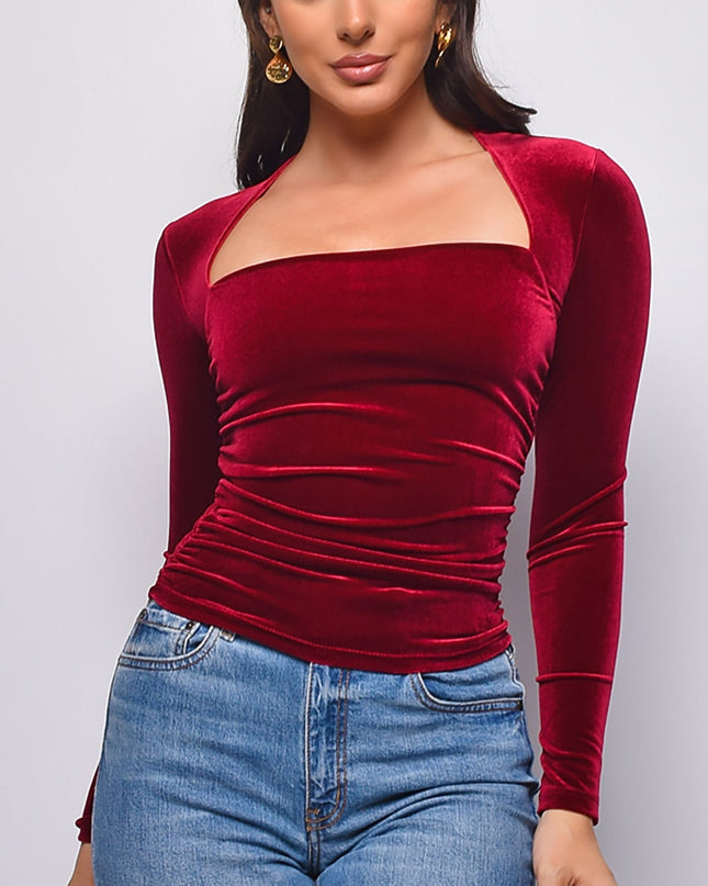 Burgundy Velvet Square Neck Long Sleeve Top
