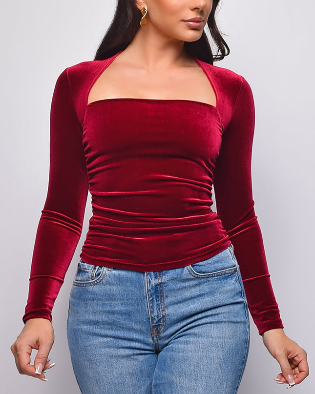Burgundy Velvet Square Neck Long Sleeve Top