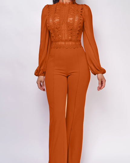 Cognac Brown Crochet Lace Mesh Jumpsuit