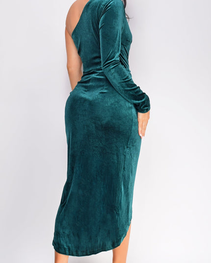 Green One Shoulder Velvet Midi Dress