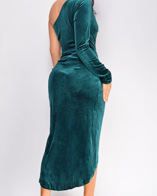 Green One Shoulder Velvet Midi Dress