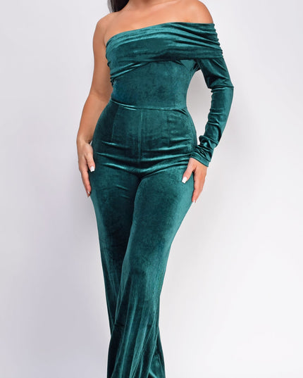 Green One Shoulder Velvet Jumpsuit
